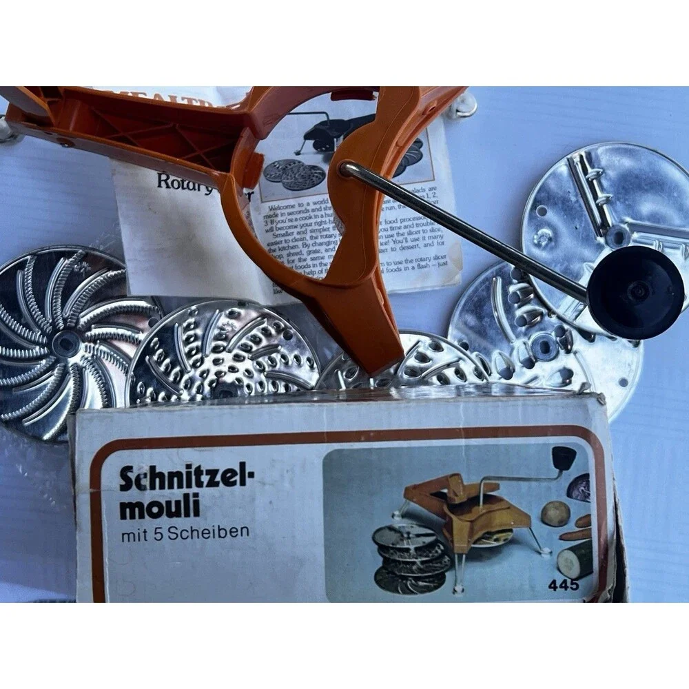 Vintage Mouli Julienne 445 Rotary Grater Slicer 5 Discs Box Made France Complete